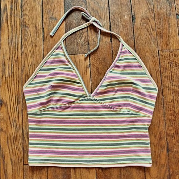 Retro Halter Neck Cropped Stripped Tankini Top - Picture 1 of 5
